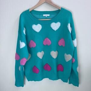 Green Casual Women's Heart Pattern Crew Neck Drop Shoulder Sweater Size M/L